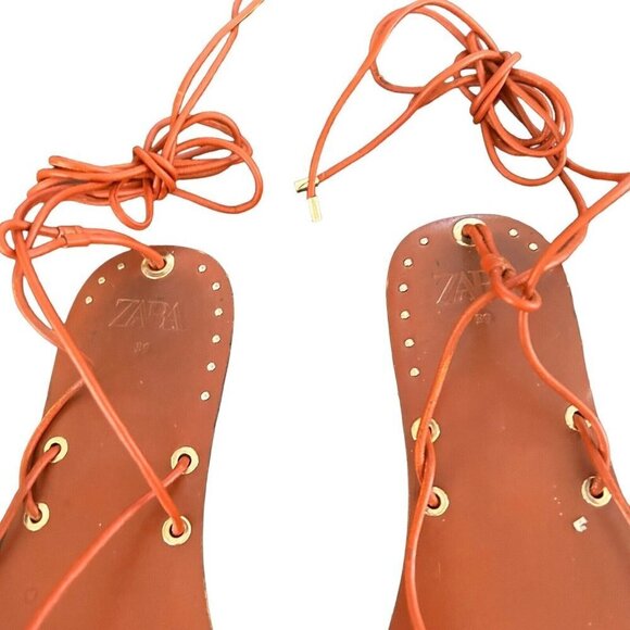 Zara Strappy Low Heel Leather Sandals Size 8.5 EU 39 Cognac Brown - Picture 6 of 11